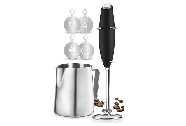 Handheld Milk Frother with Stand and Stencils