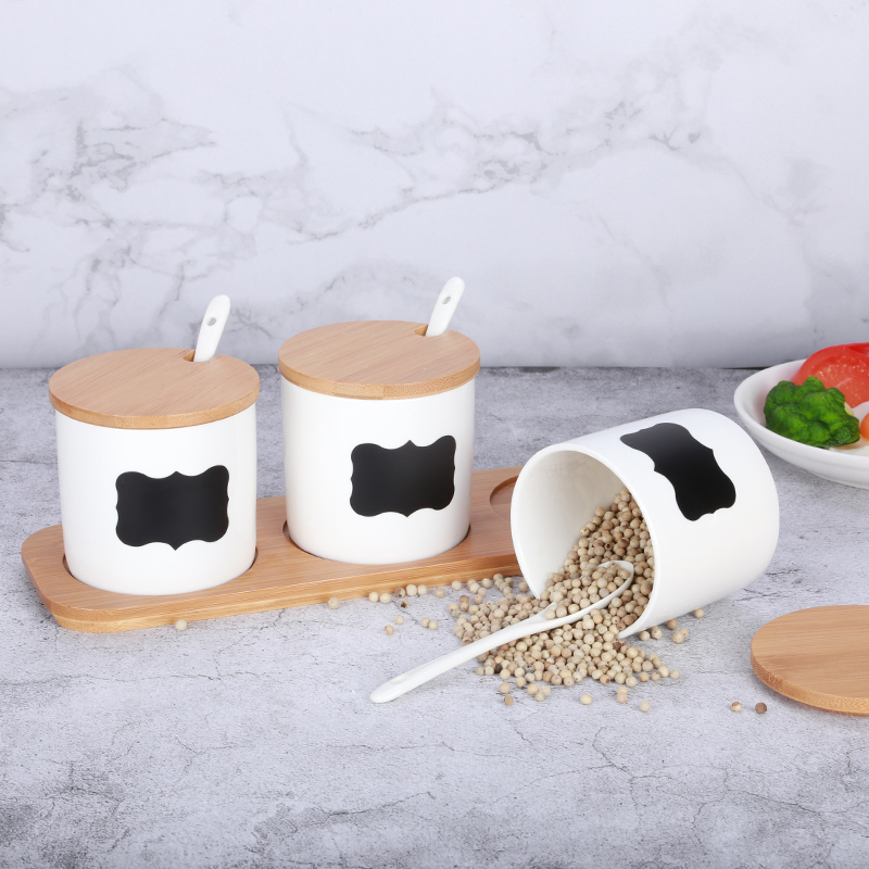 Ceramic Seasoning Pot with Bamboo Lid and Tray