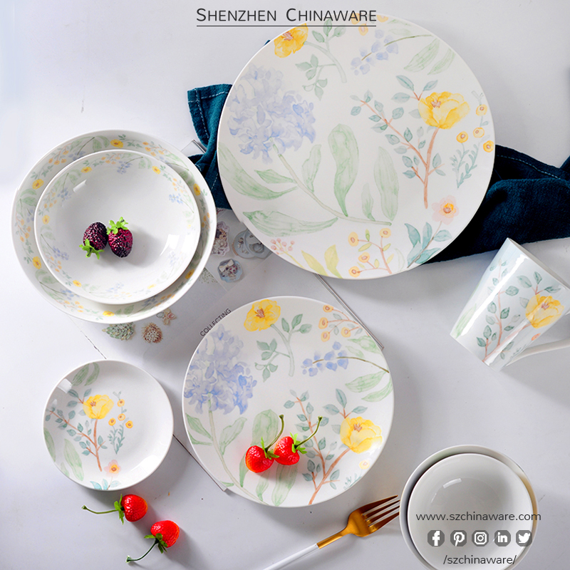 Hand Painted Porcelain Dinner Plates with Flowers
