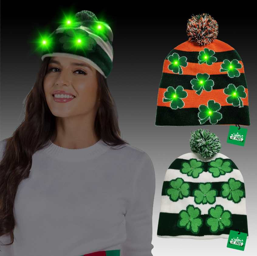 Light Up Short Knitted Hat with Clover Pattern