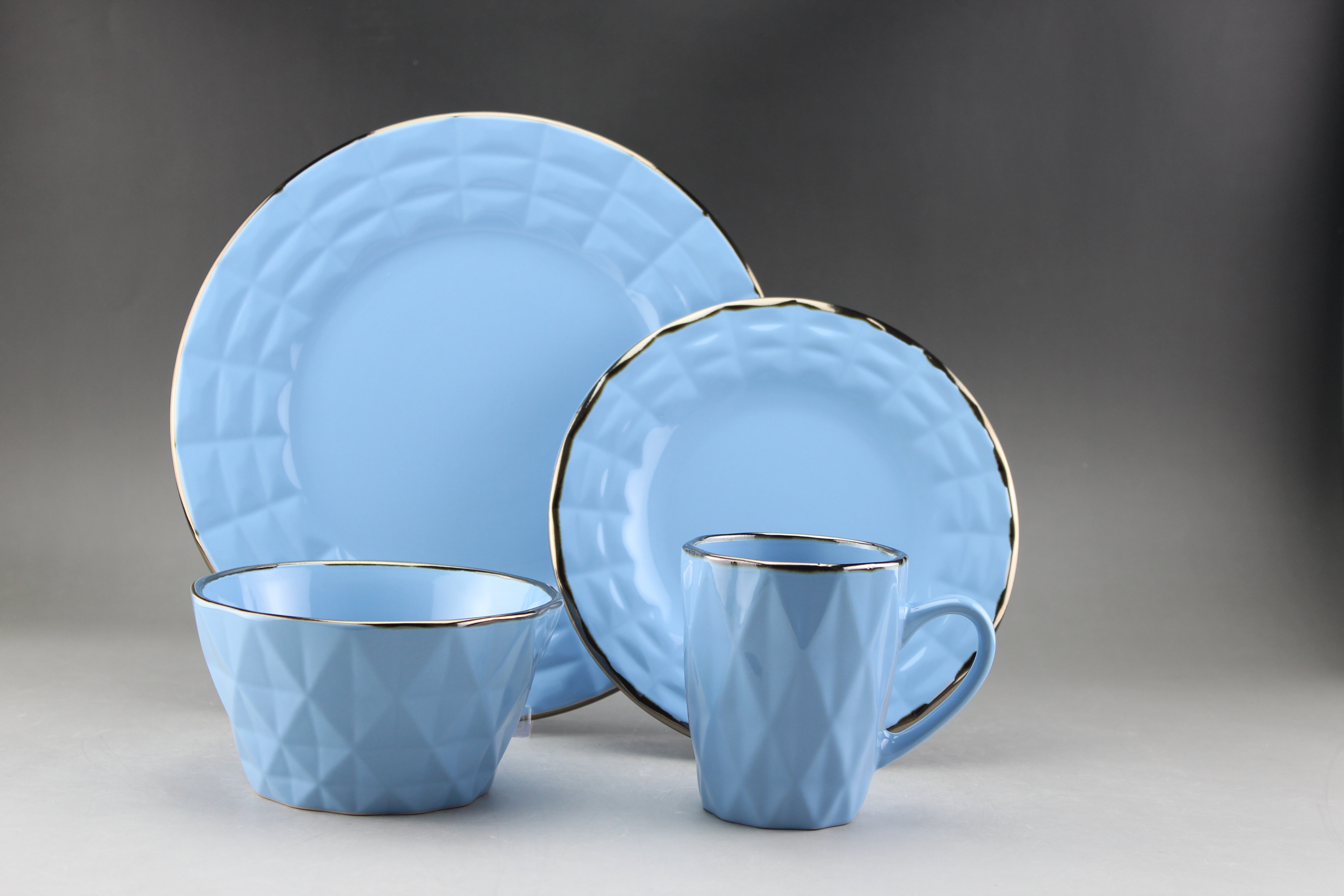 Blue Stoneware Embossed Dinner Set with Gold Rim