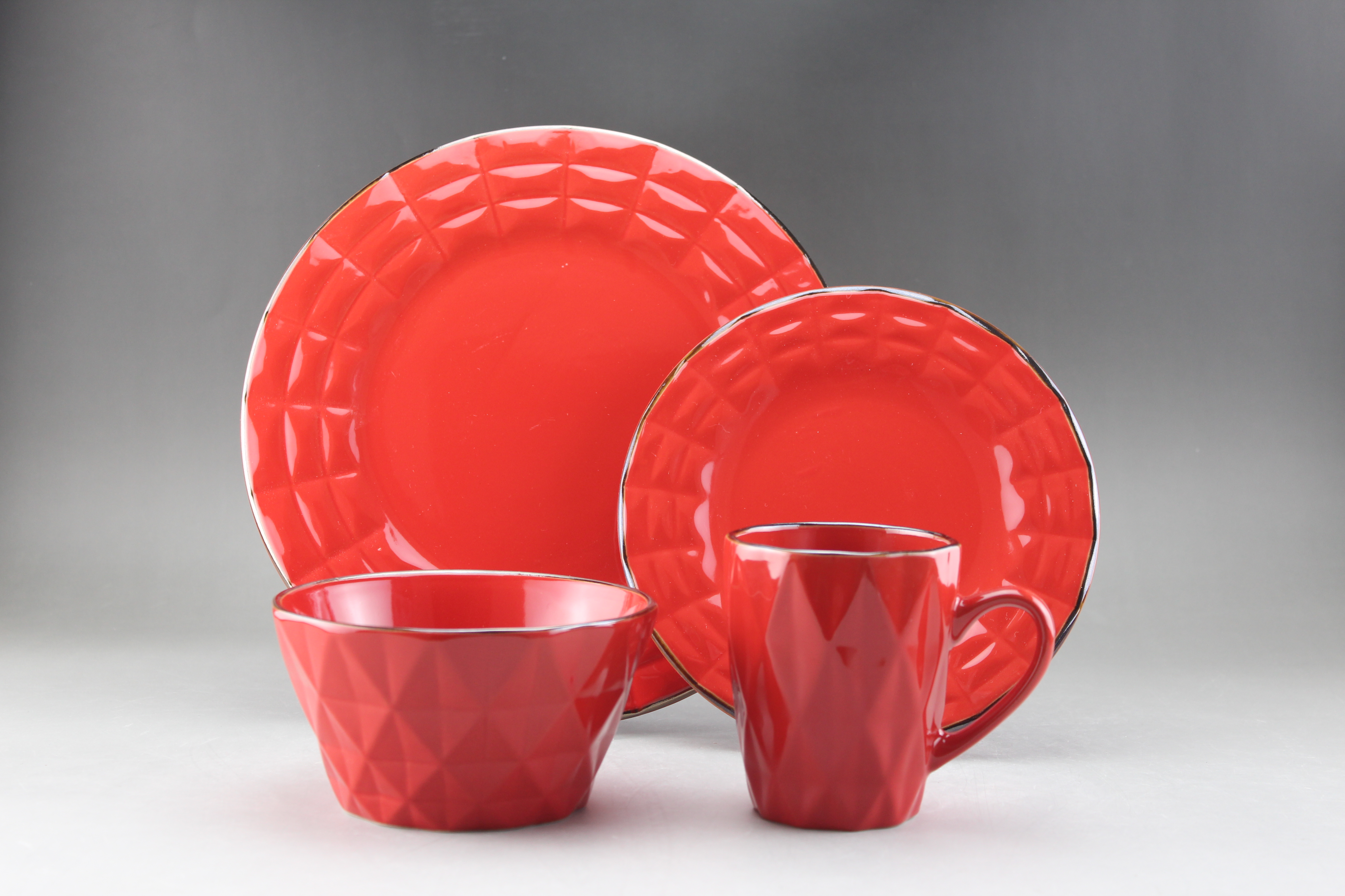 Stoneware Embossed Dinner Set with Gold Rim