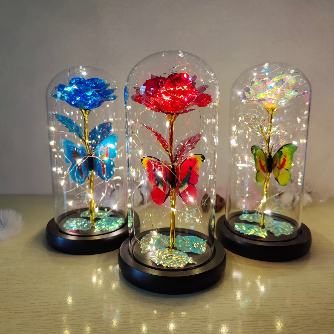 Gold Foil Rose Preserved Flower Glass Dome with LED Light