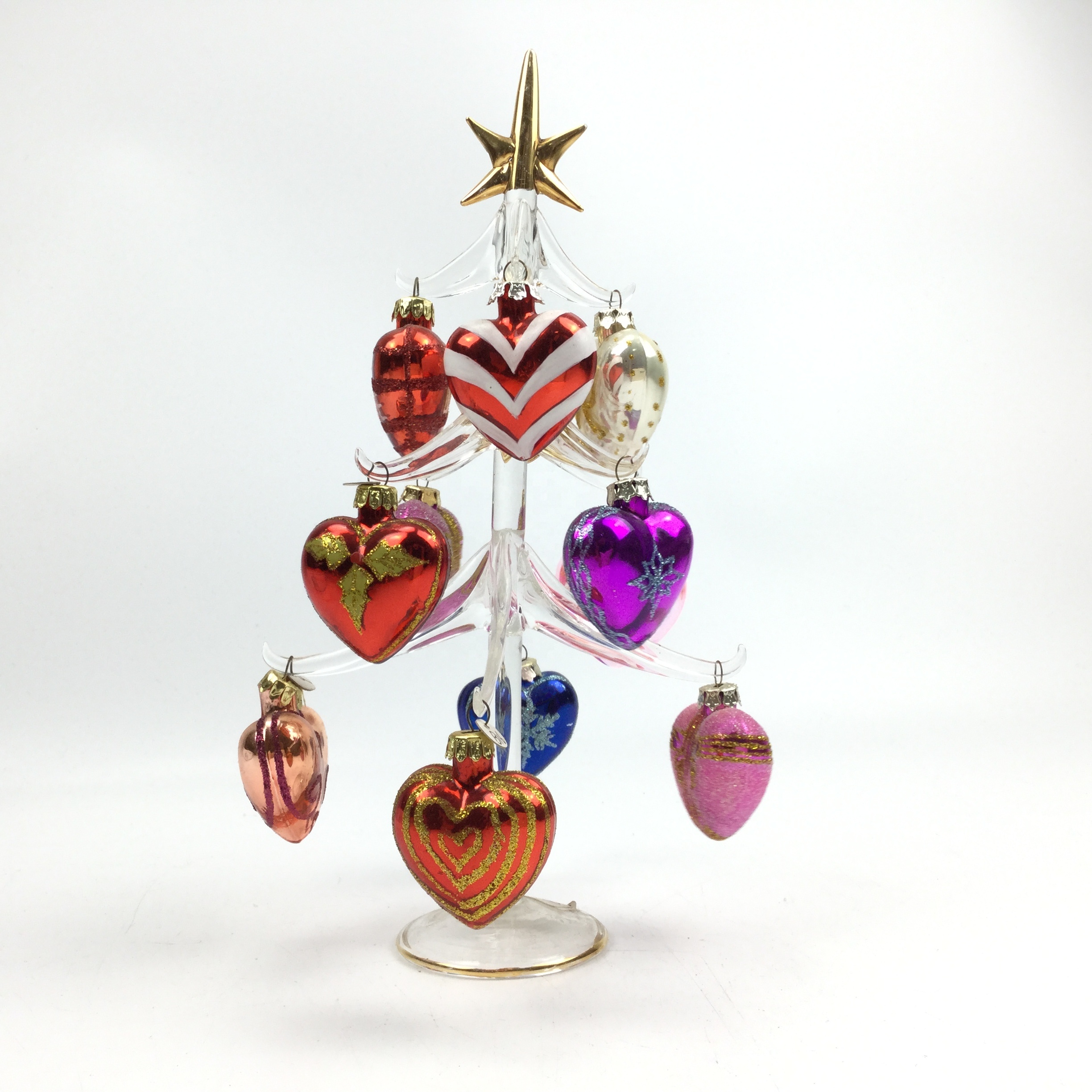LED Glass Christmas Tree with Heart Ornaments