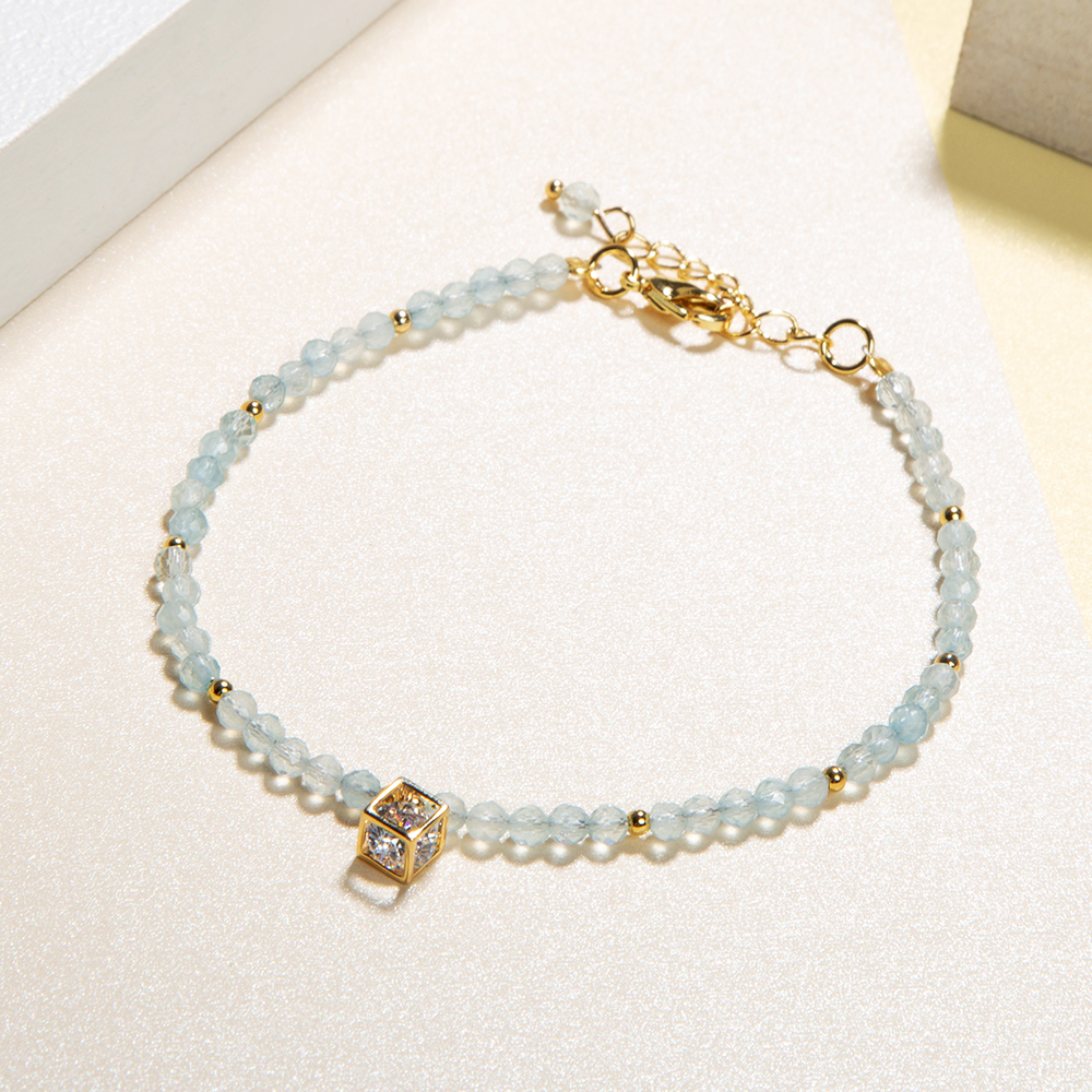 3mm Aquamarine Bead Bracelet with Rhinestone Charm
