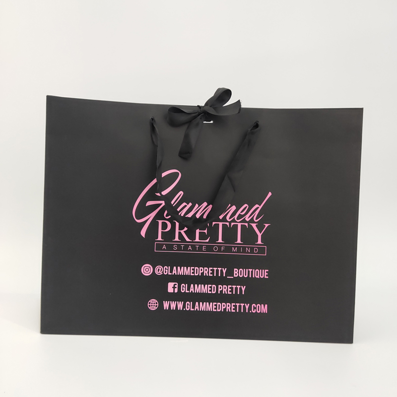 Custom Black Paper Shopping Bags with Ribbon
