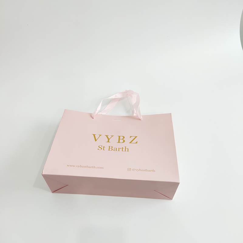 Pink Gift Paper Bag with Gold Logo and Ribbon