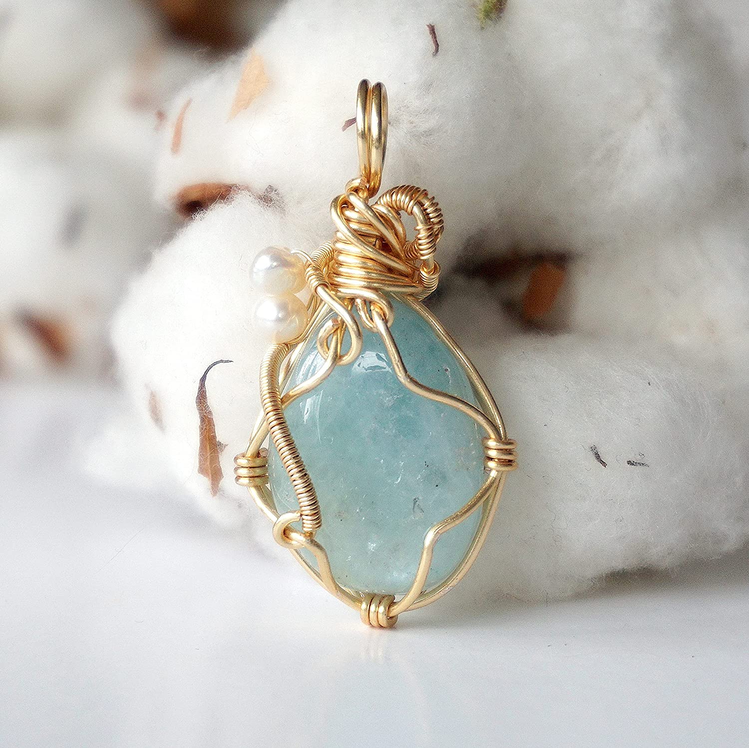 Aquamarine and Pearl Statement Pendant Necklace