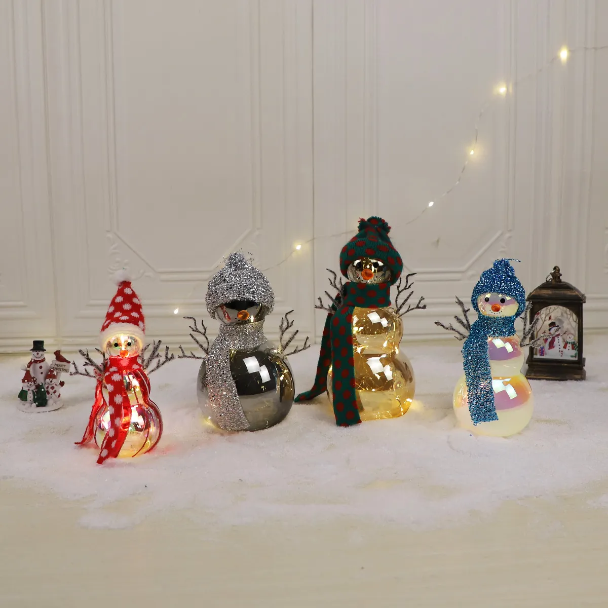 Electroplated Carved Glass Snowman LED Light Ornament