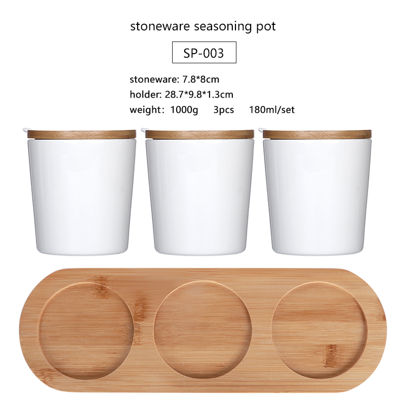 Ceramic Seasoning Pot with Bamboo Lid and Tray