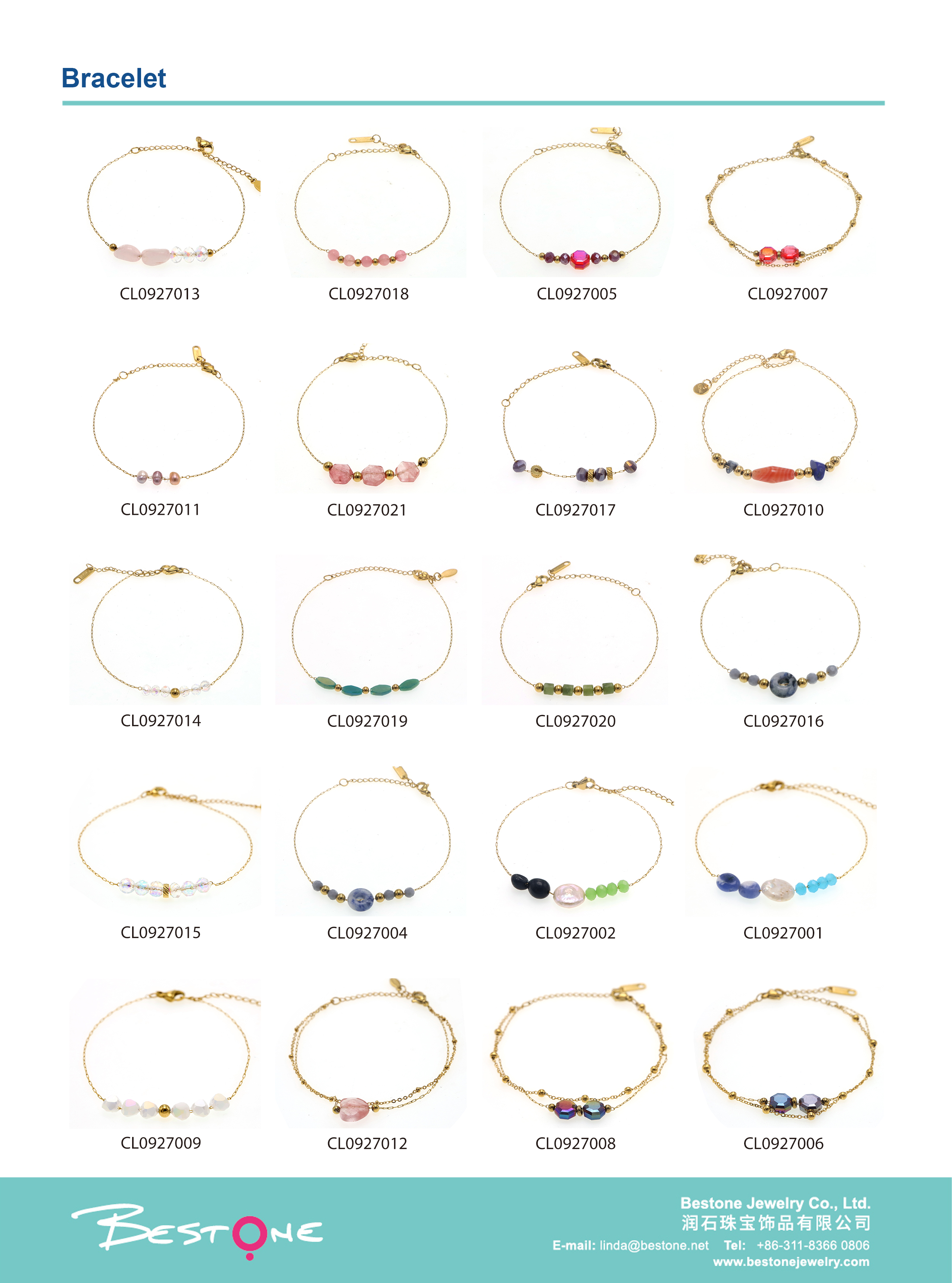 Stainless Steel Stone and Pearl Mix Bracelet Gold 7 inches