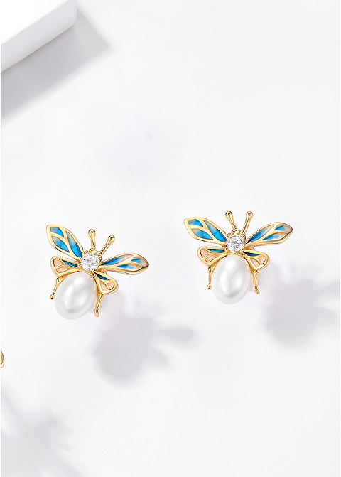 S925 Sterling Silver Pearl Bee Enamel Earrings