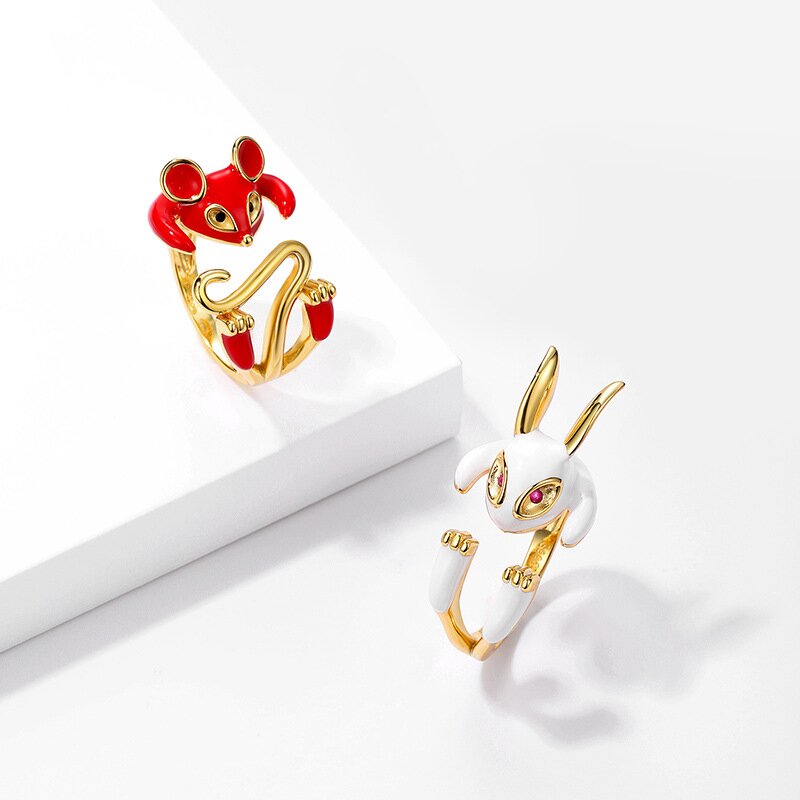 S925 Sterling Silver Rabbit Drop Enamel Ring