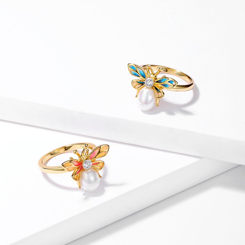 S925 Sterling Silver Pearl Bee Wire Enamel Ring