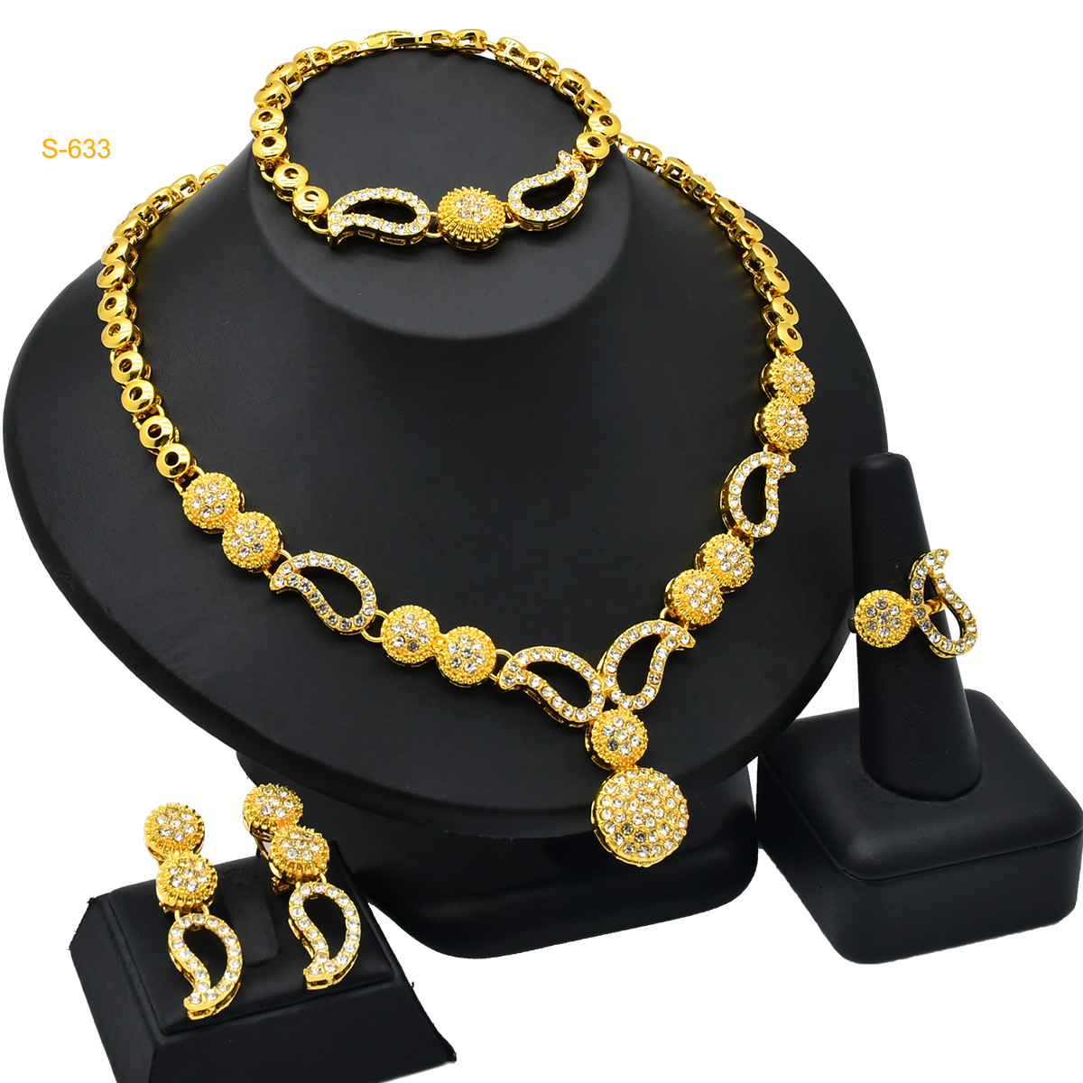 24K Gold Jewelry Set with Necklace Earrings Bracelet Ring