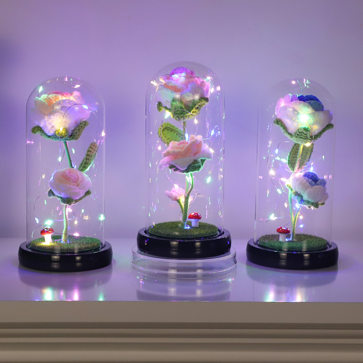 LED Glass Dome Artificial Rose Flower Light