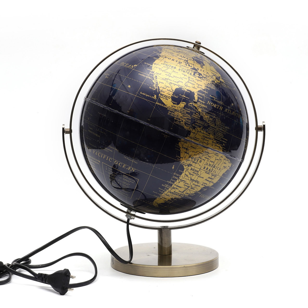 25cm Blue Golden Globe with Metal Base and Light
