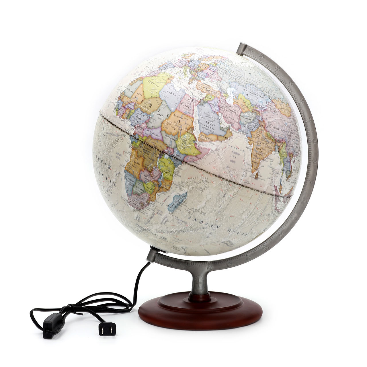 32cm Metal Ruler Light Grey Globe with Wooden Base
