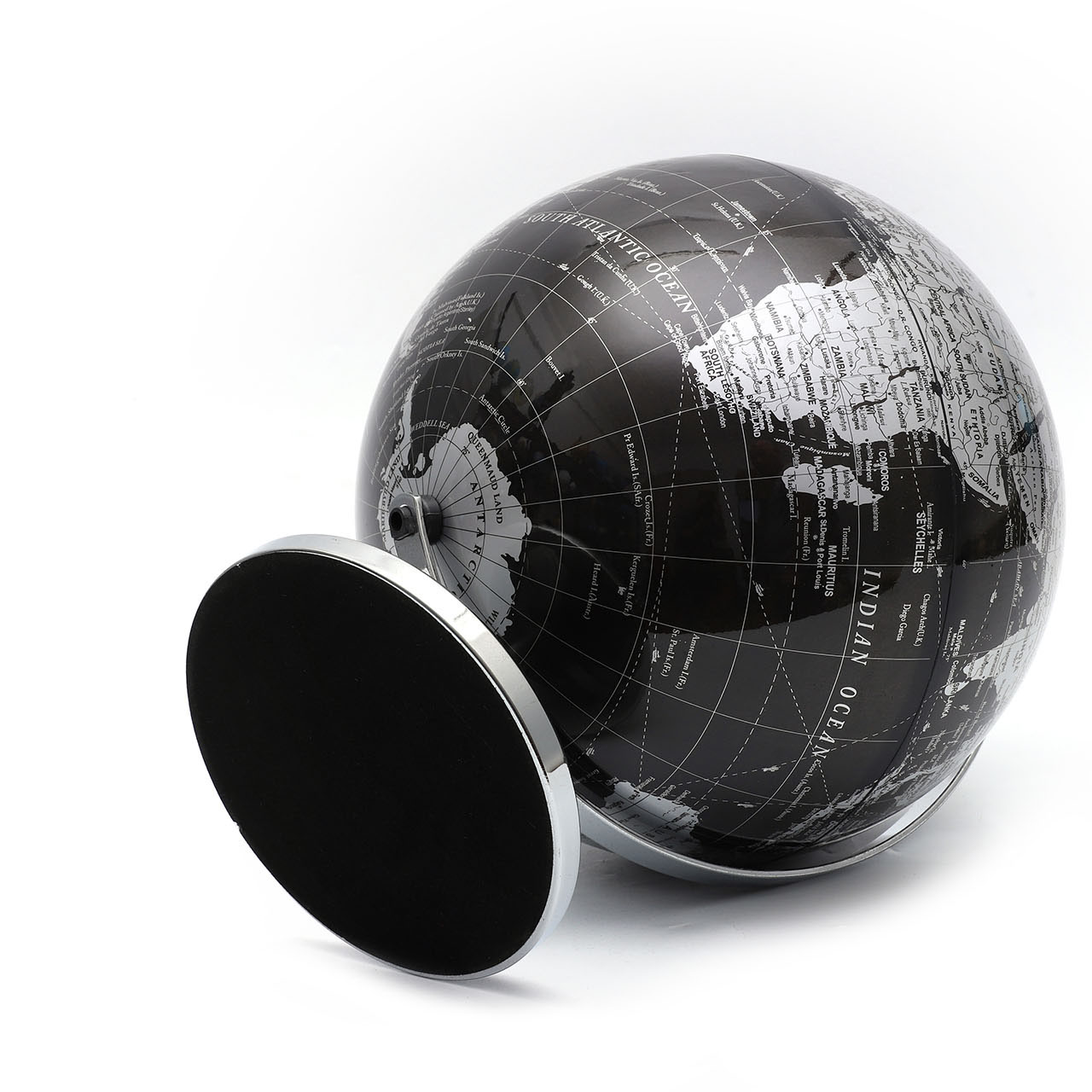 20cm Black Silver Globe with Metal Base