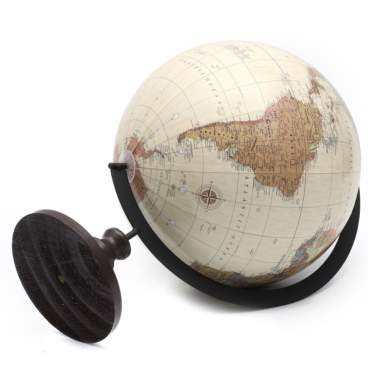 21.4cm Beige English Globe with Wooden Base and Metal Ruler