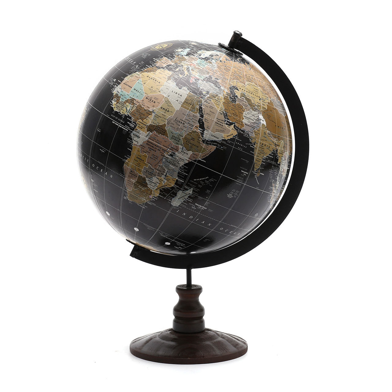 21.4cm Black English Globe with Wooden Base and Metal Ruler