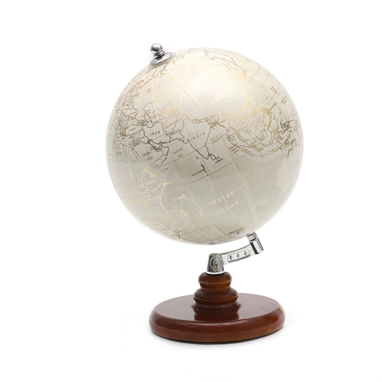 14.2cm White Golden English Globe with Wooden Base