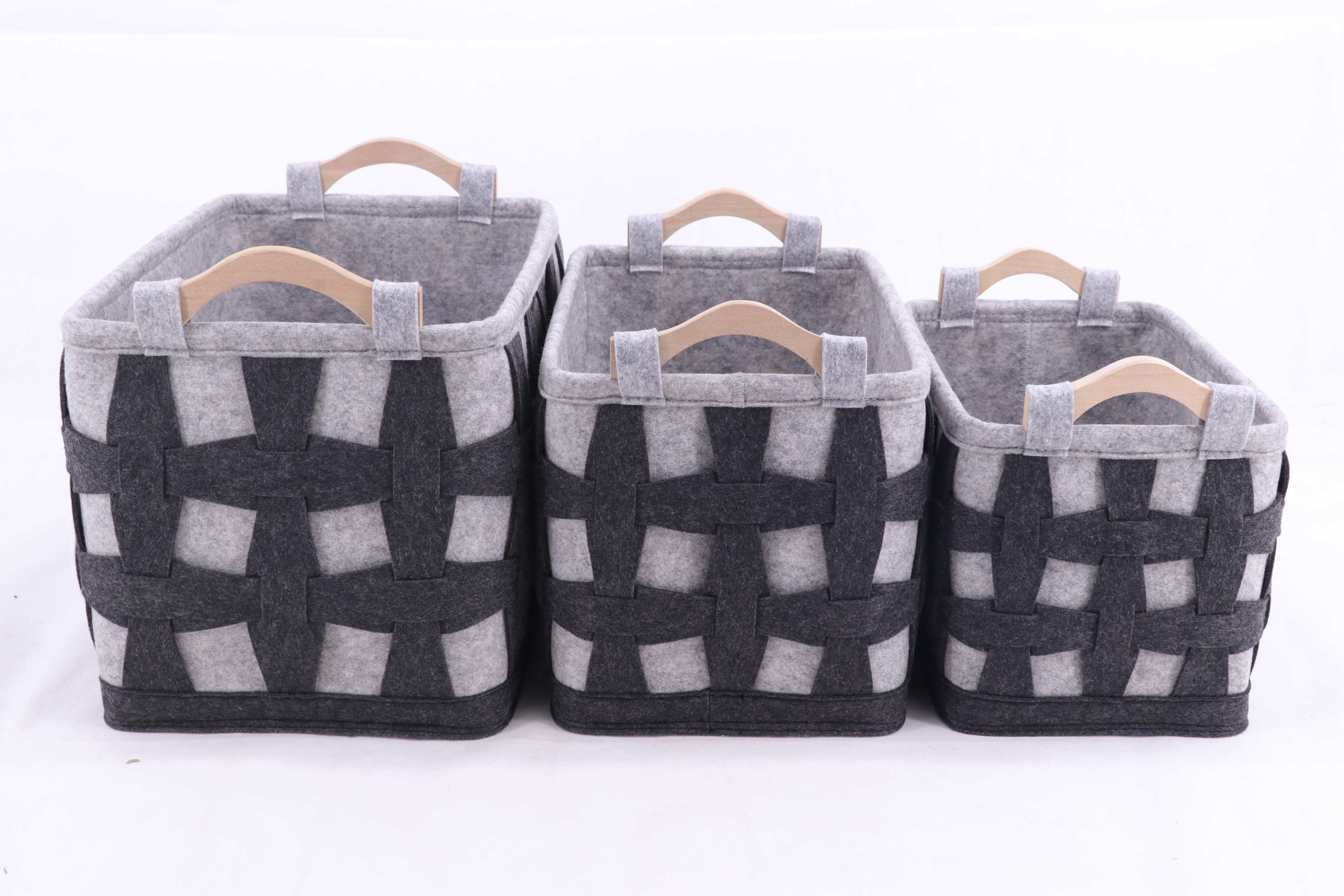 Set of 3 Rectangular Felt Storage Baskets with Wood Handles