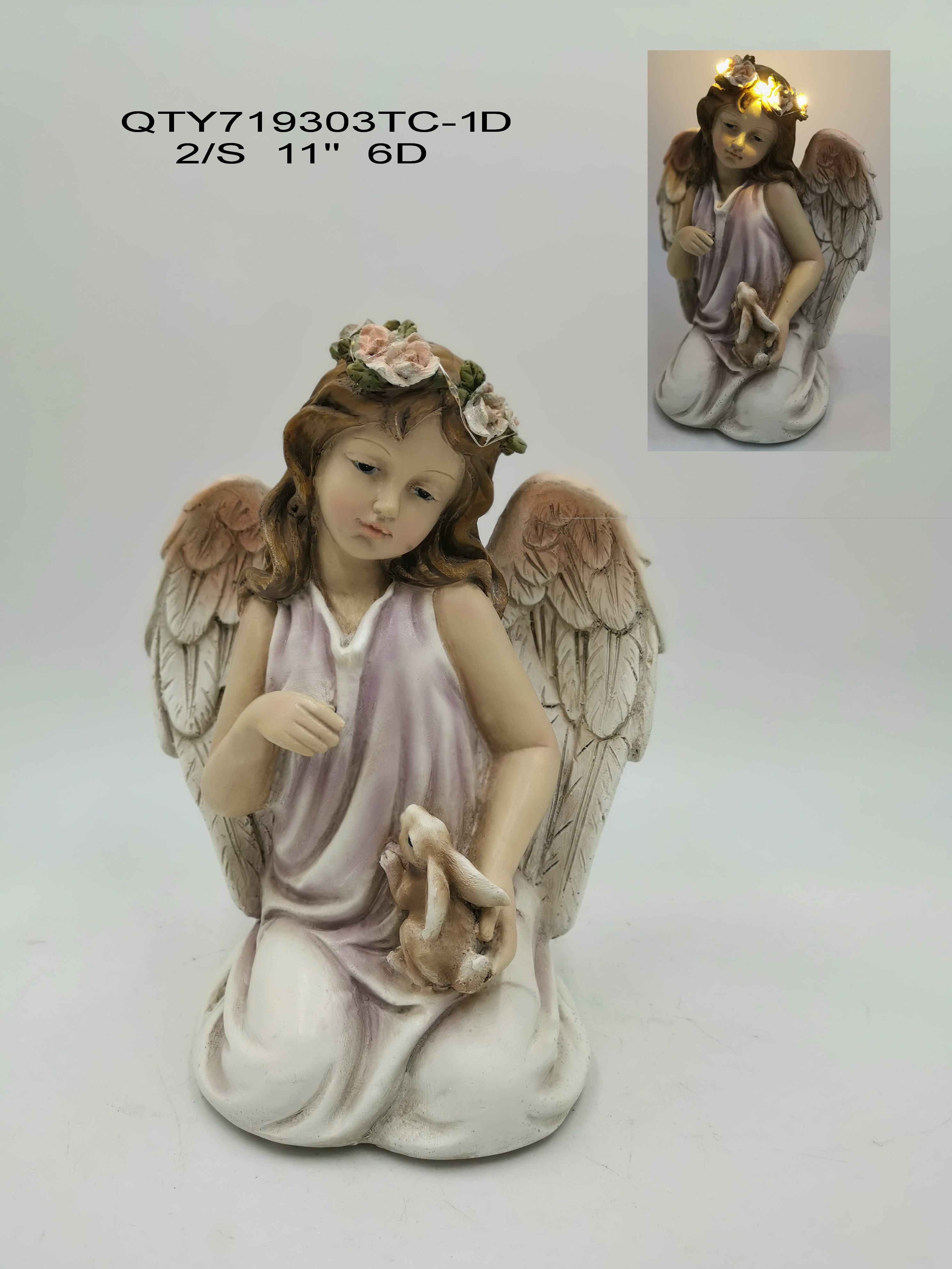 Garden Decoration Angel Holding Rabbit with LED Light