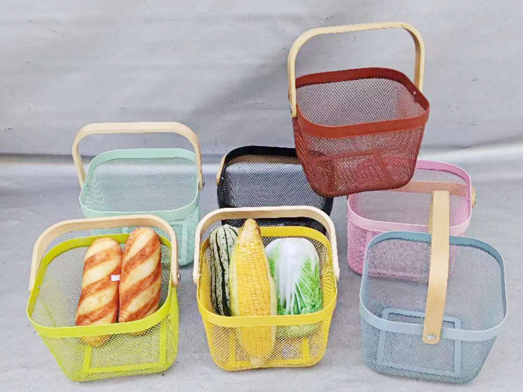 Iron Wire Storage Basket with Wooden Handle