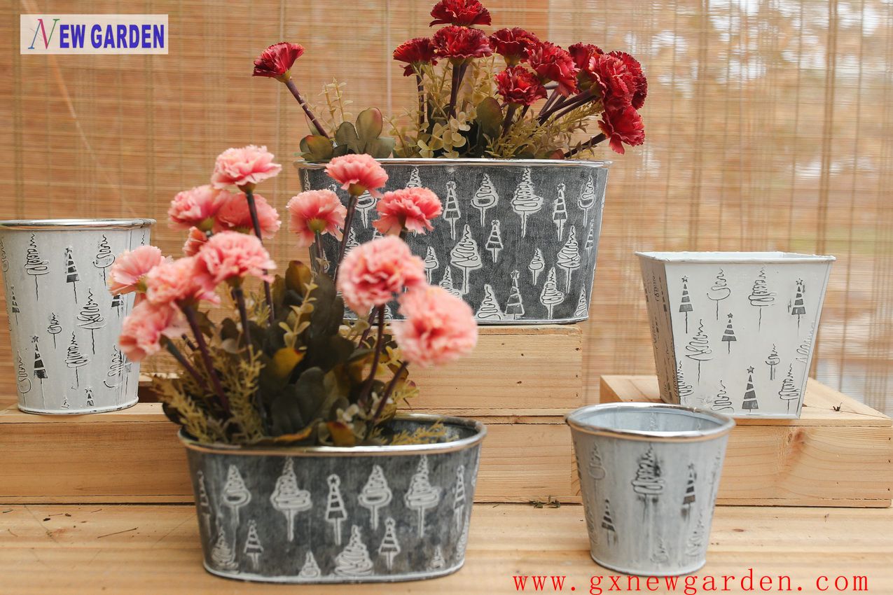 Zinc Flower Pot with Christmas Tree Design
