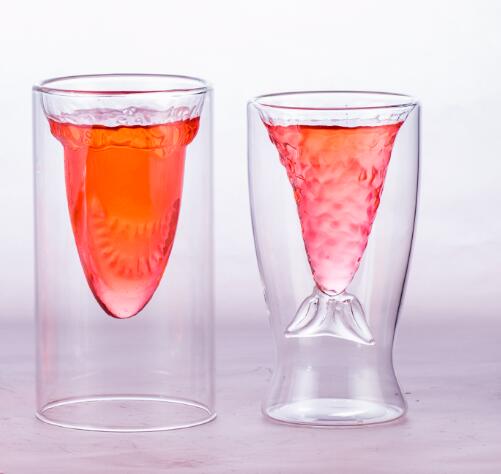 High Borosilicate Double Wall Glass Cup with Shark Design