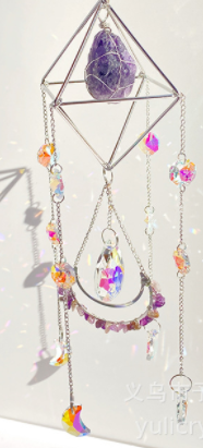 Amethyst Diamond Bicone and Moon Crystal Suncatcher
