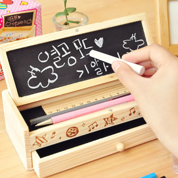 Wooden Pen Holder Storage Box with Drawer and Chalkboard