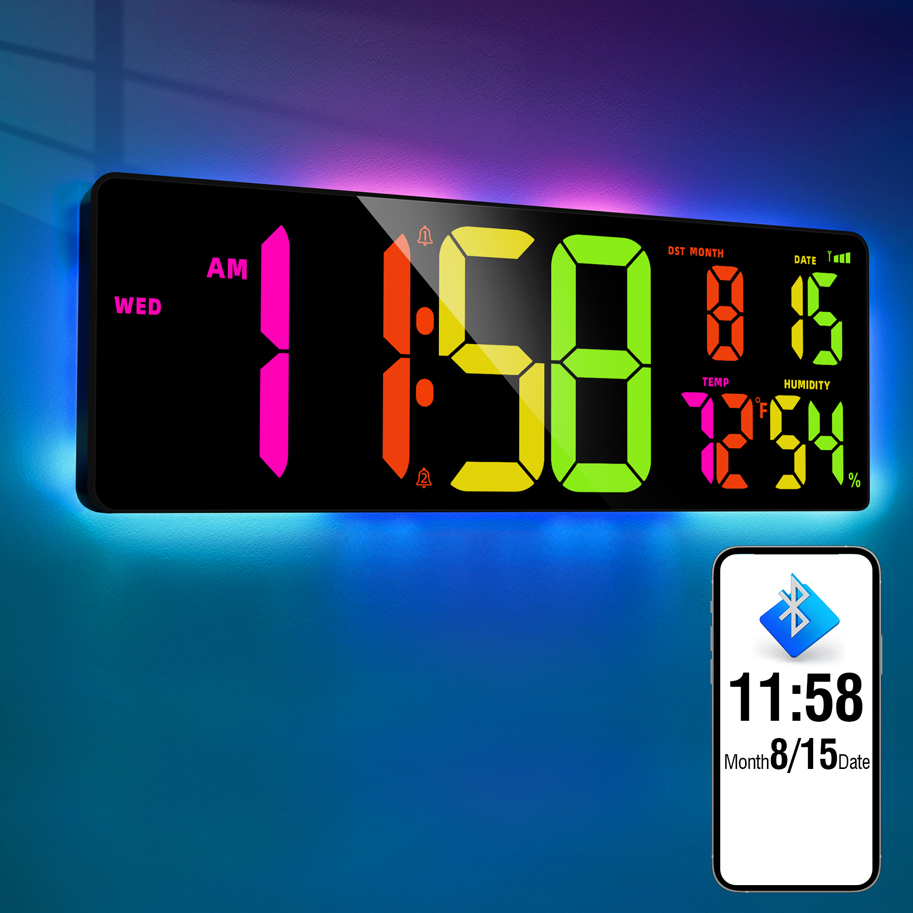 LED Color Changing Bluetooth Wall Clock with Ambient Light