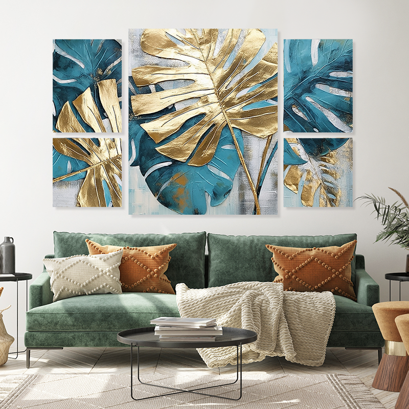 Five in One Canvas Art Set with Green Leaves Design