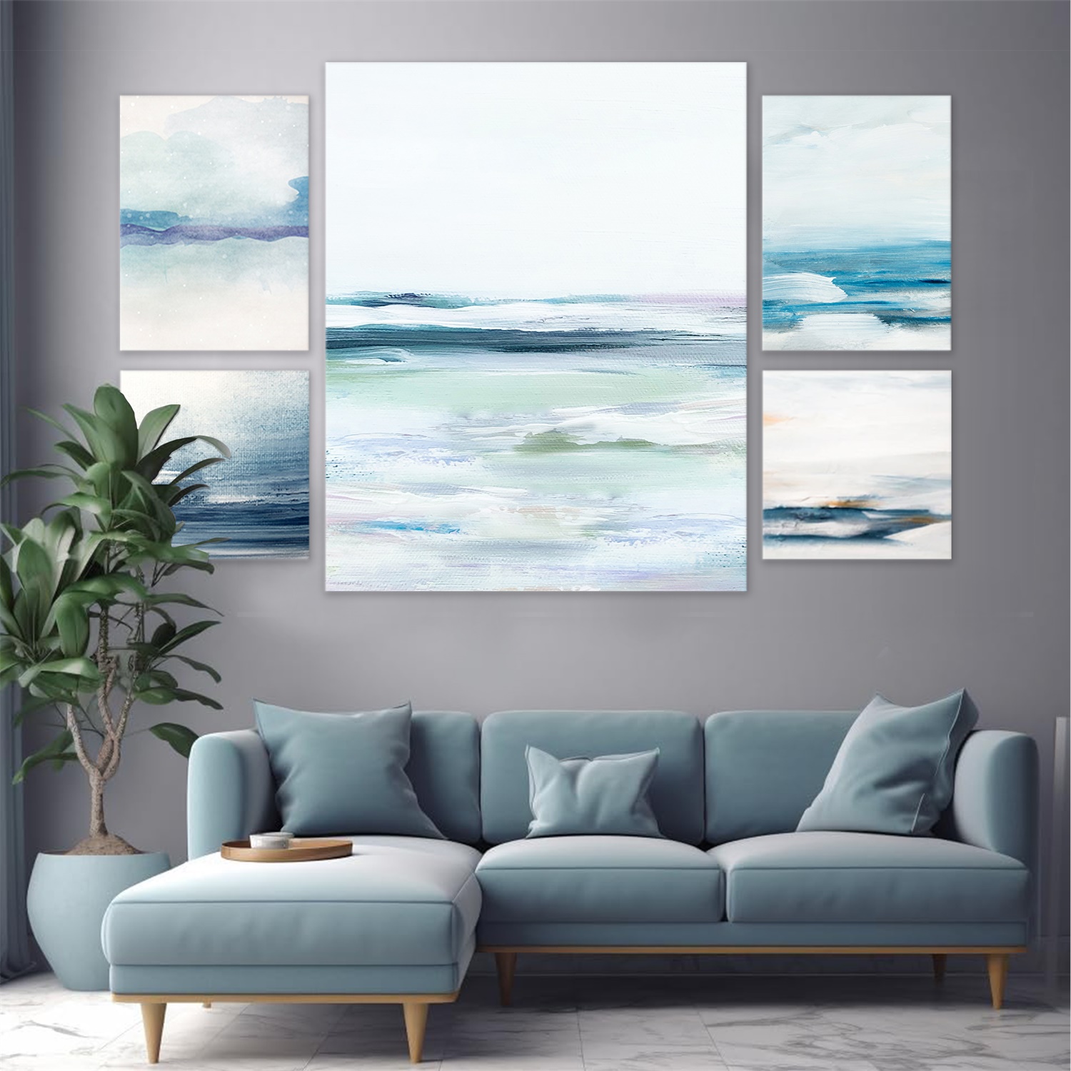 Five in One Canvas Art Set with Green Leaves Design