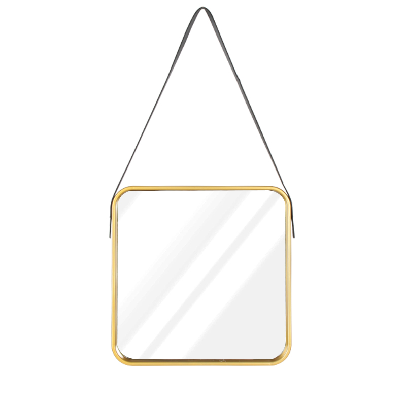 Gold Square Frame Wall Hanging Mirror with Leather