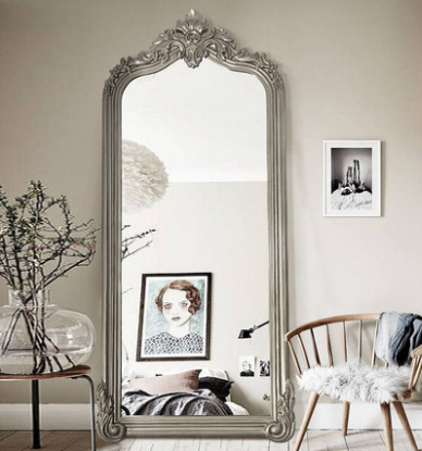 European Silver Carved Full-Length Floor Mirror