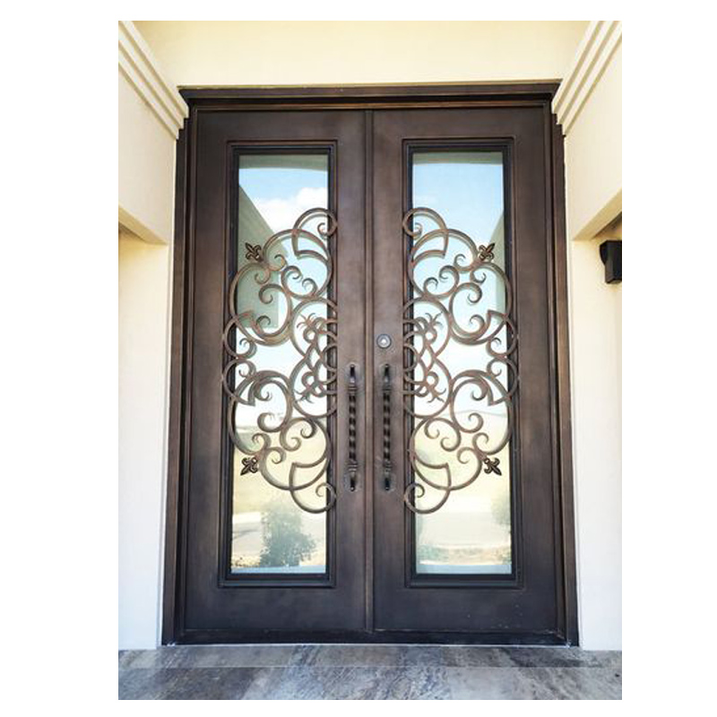 Customized Square Top Double Wrought Iron Door with Tempered Glass Window
