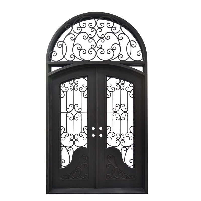 Metal French Double Arch Wrought Iron Entrance Door with Transom