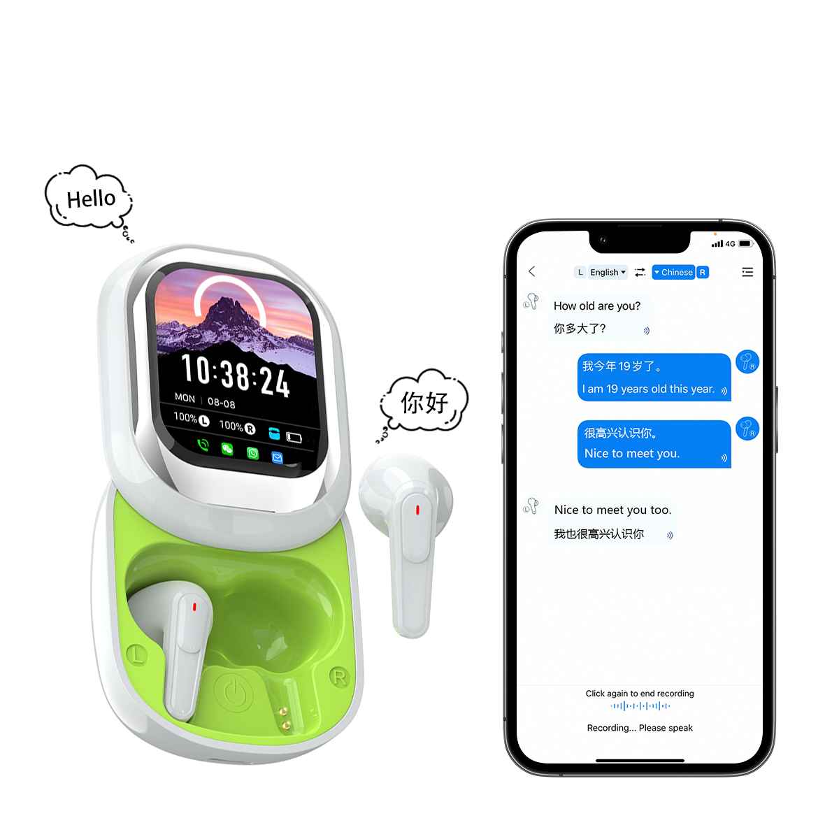 AI Real-Time Translation Earbuds with LED Smart Screen
