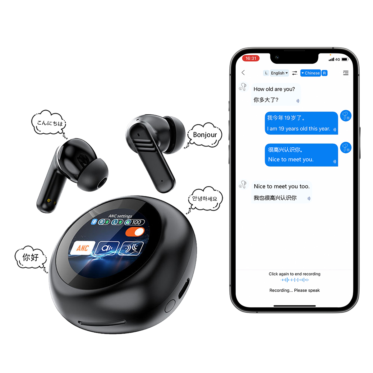 Smart Translation Wireless Earbuds LX-30 with Touch Screen