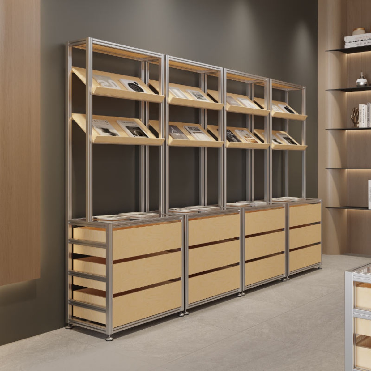 Birch wood display cabinet, modern aluminum profile display rack, commercial mall stand