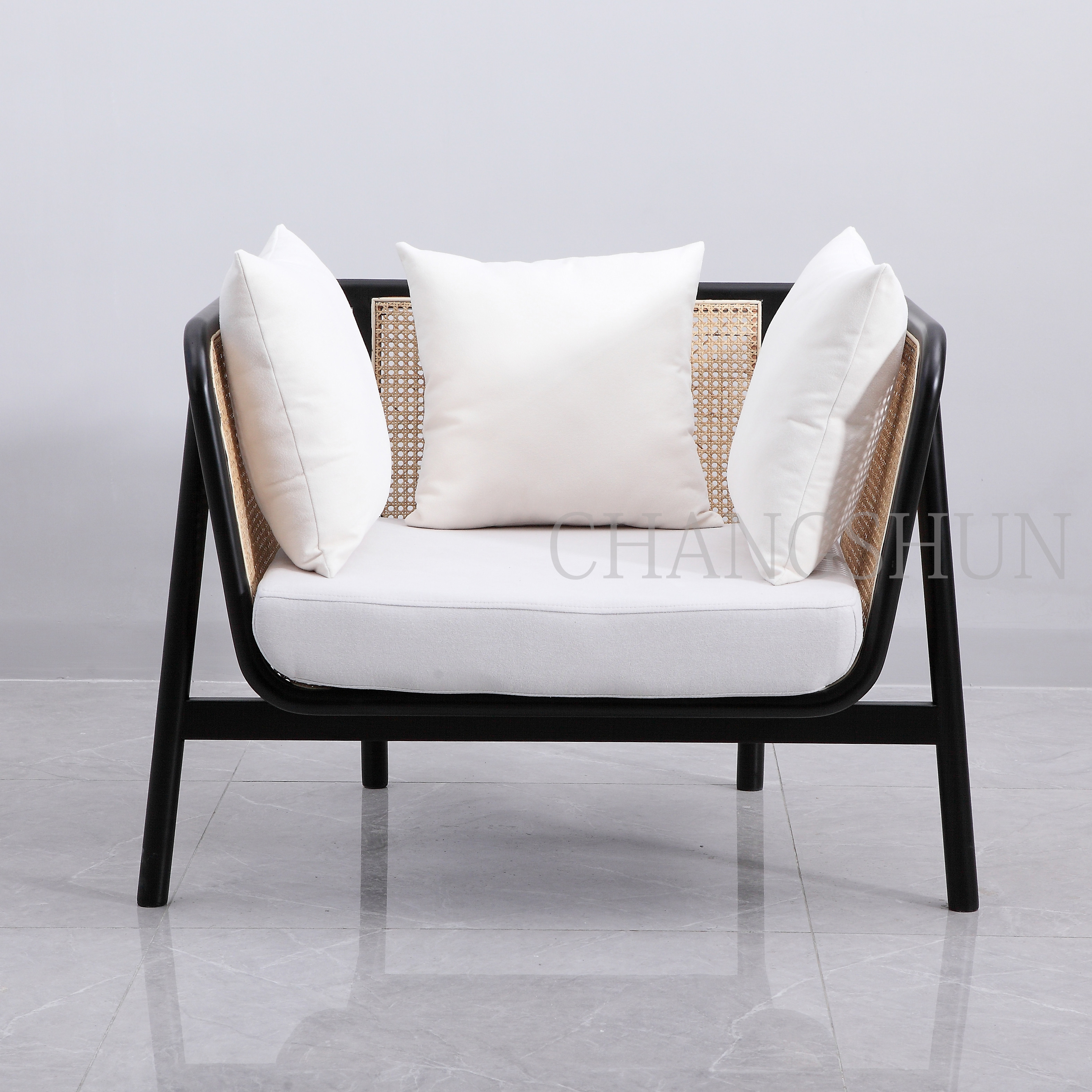 Single Sofa with Beech Frame and Rattan Accents