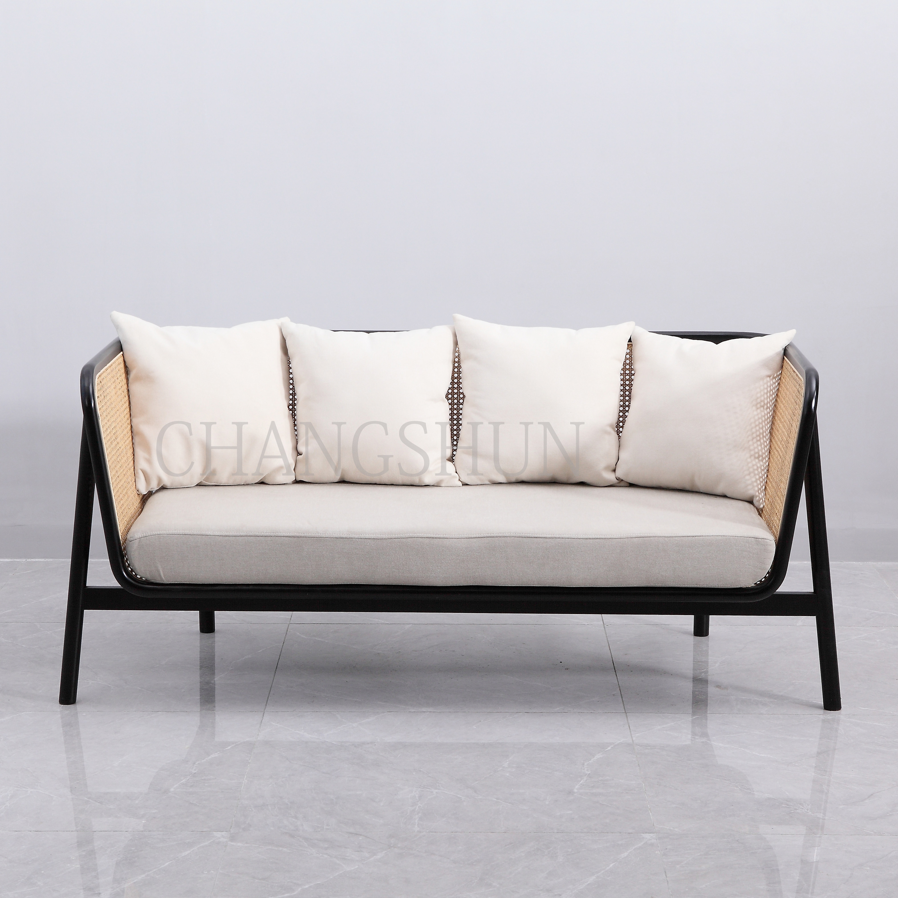 Double Sofa with Beech Frame and Rattan Back