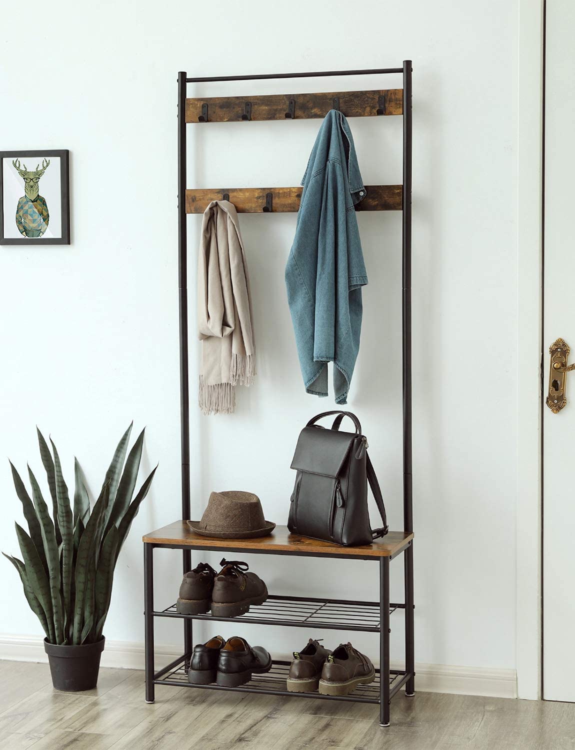 HOMEBI Metal Entryway Rack with Coat Hooks and Shoe Storage Bench