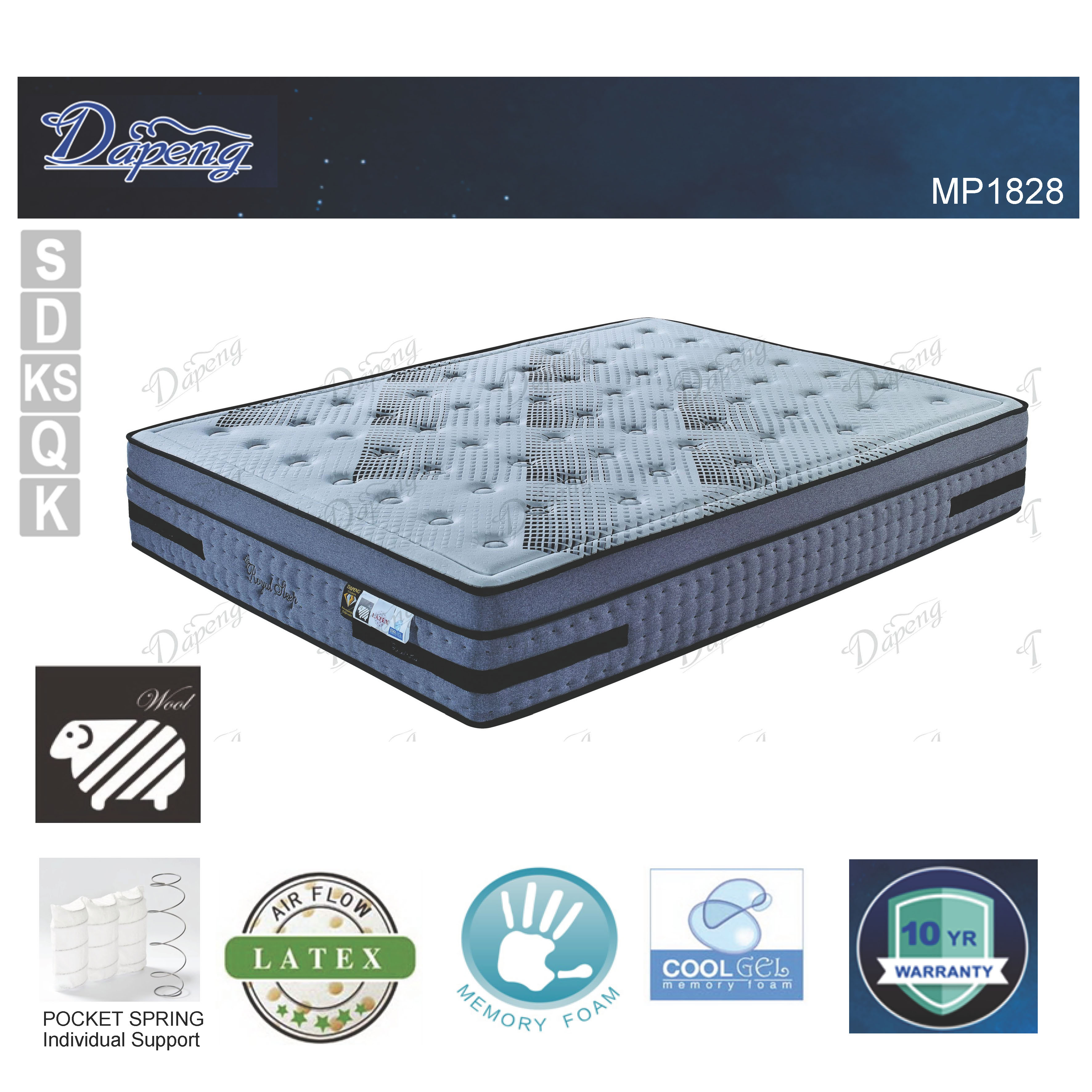 Luxury Queen Double King Single Mattress with Euro Top Pocket Spring, Wool, Gel Memory Foam, and Latex