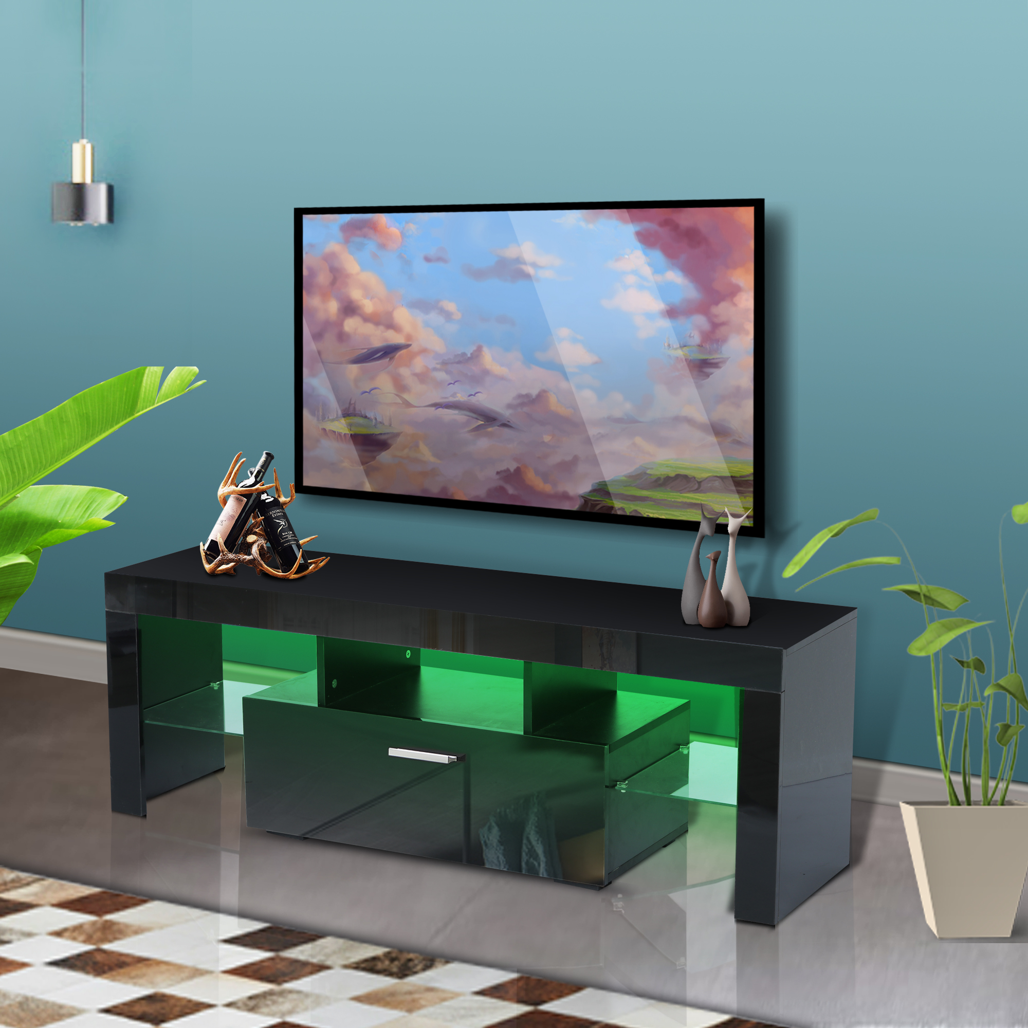 51.18'' LED TV Stand, Black Glossy TV Cabinet