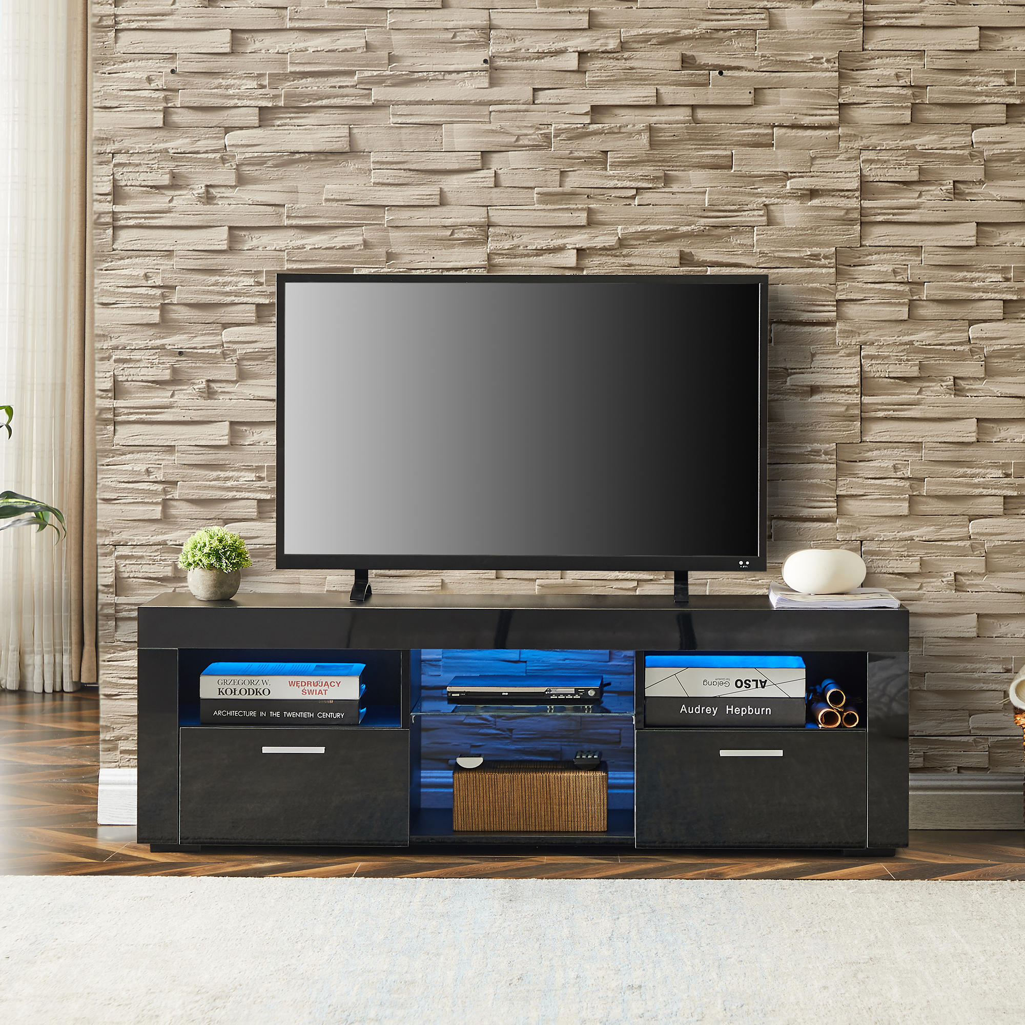 Glossy White TV Stand with LED Lights
