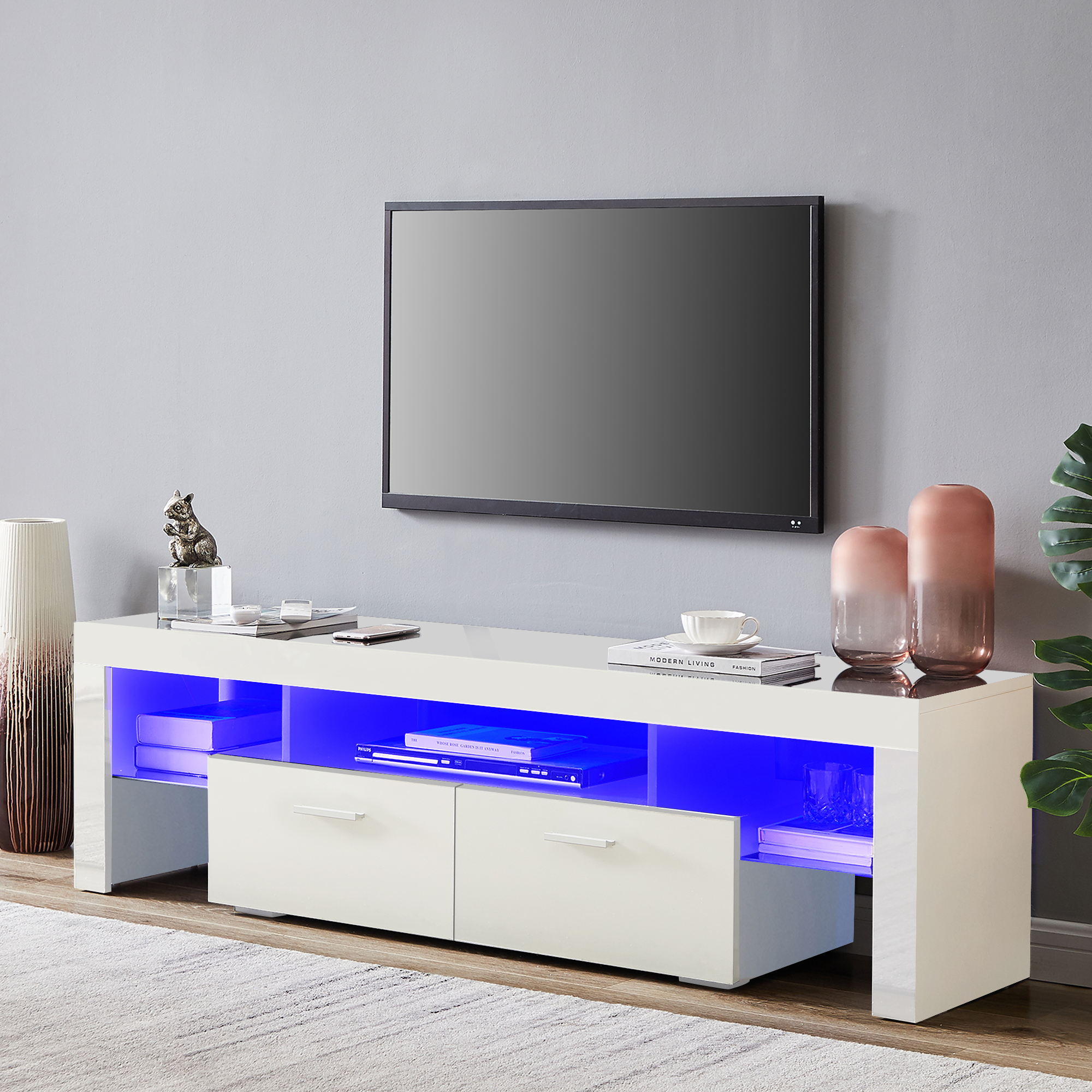 1.6M Glossy White TV Stand with LED Lights
